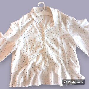 White and Gold Polka Dot Ruffled Button Up Blouse Business Casual Womens Large
